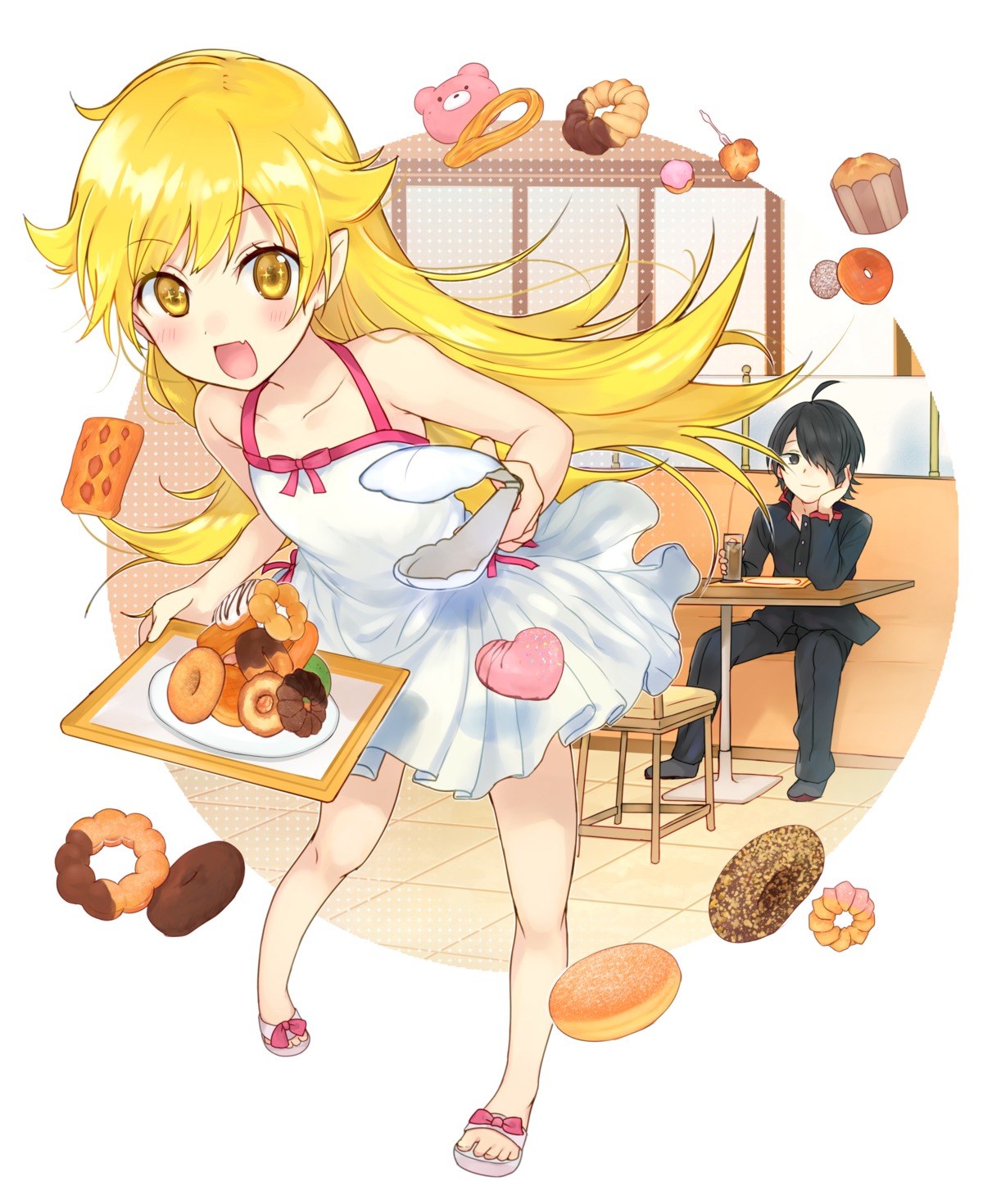 araragi_koyomi bakemonogatari dress kakizato_shinano monogatari_(series) oshino_shinobu pointy_ears seifuku