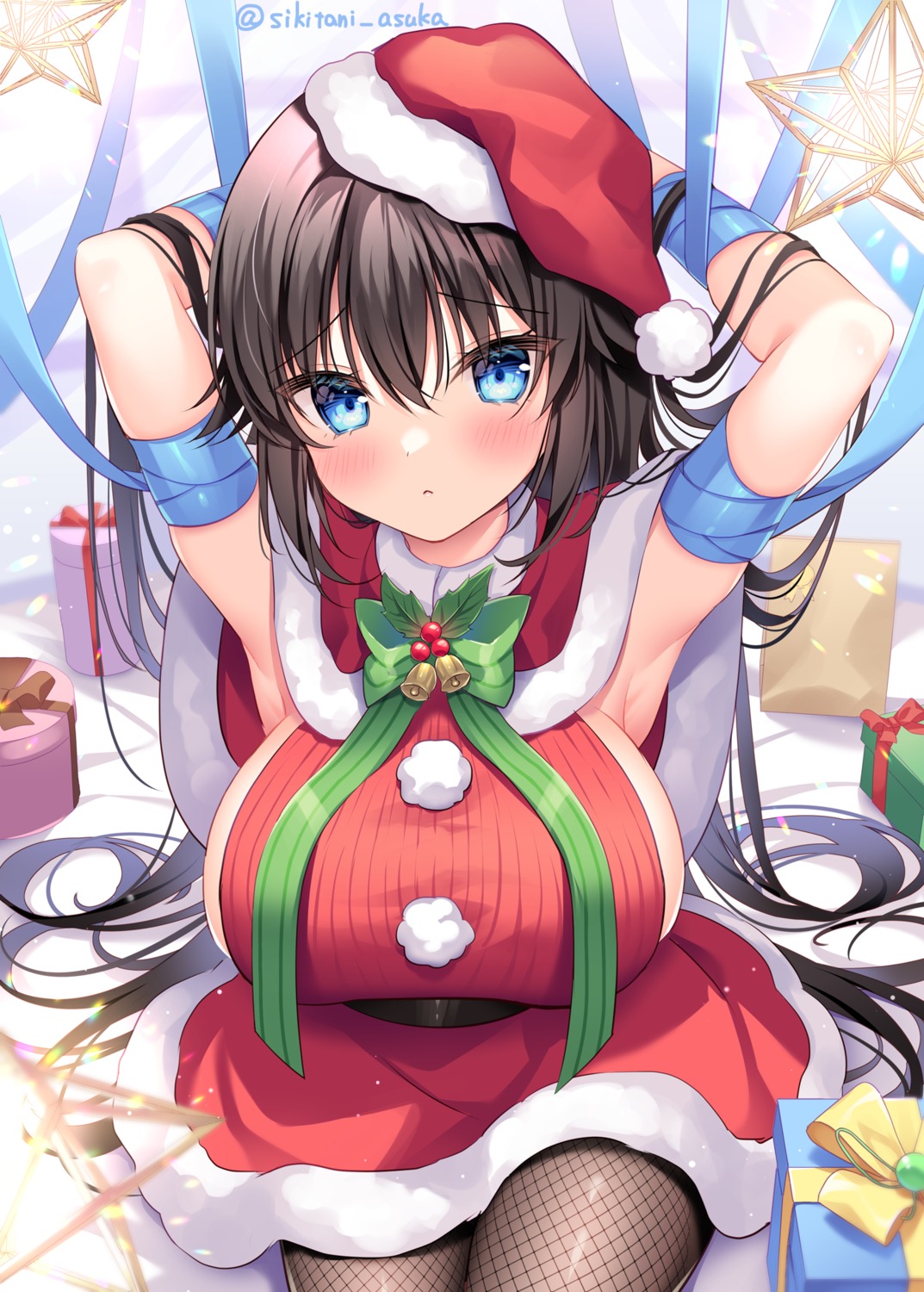 bondage christmas fishnets no_bra shikitani_asuka