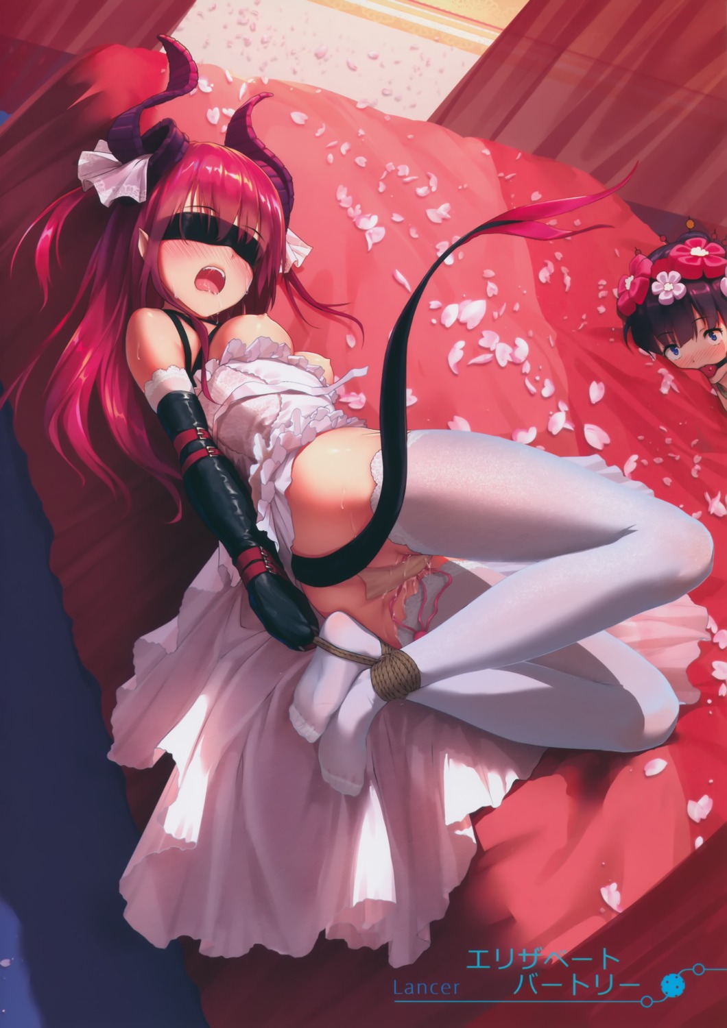 ass bondage breasts elizabeth_bathory fate/grand_order horns katsushika_hokusai_(fate) maebari nipples no_bra nopan pointy_ears pussy_juice tail thighhighs tokinohimitsu vibrator