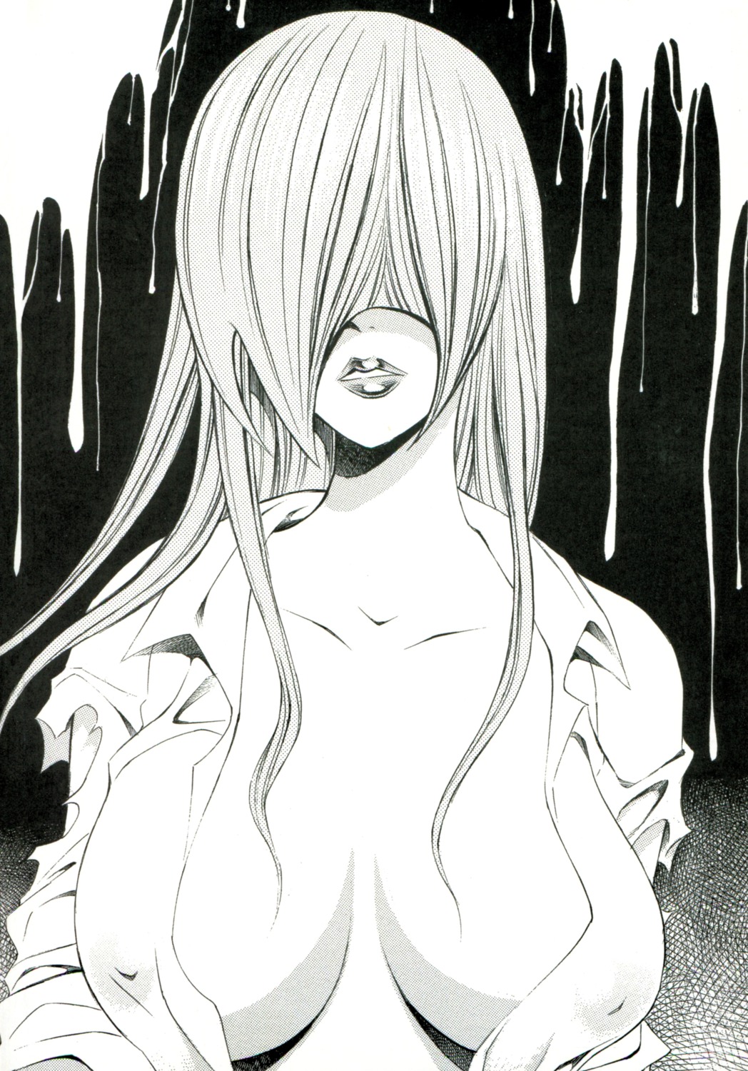 dress_shirt erect_nipples monochrome no_bra open_shirt tagme torn_clothes