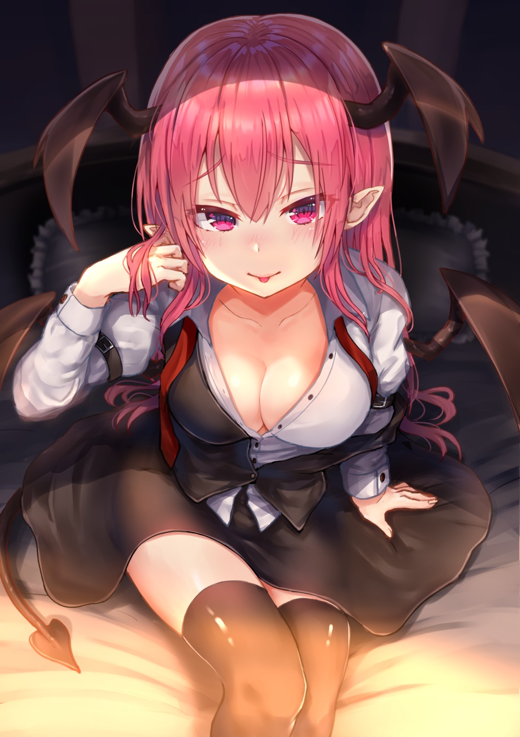 cleavage koakuma no_bra open_shirt pointy_ears tail thighhighs touhou wings wowoguni