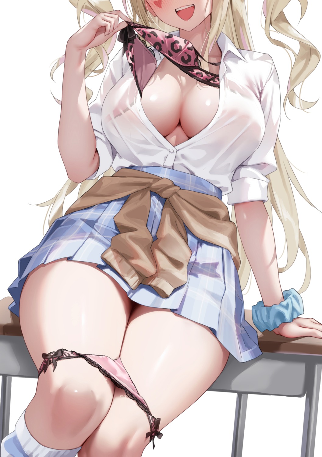 azur_lane bra classic_(zildjian33) guam_(azur_lane) open_shirt pantsu panty_pull see_through seifuku sweater tattoo undressing