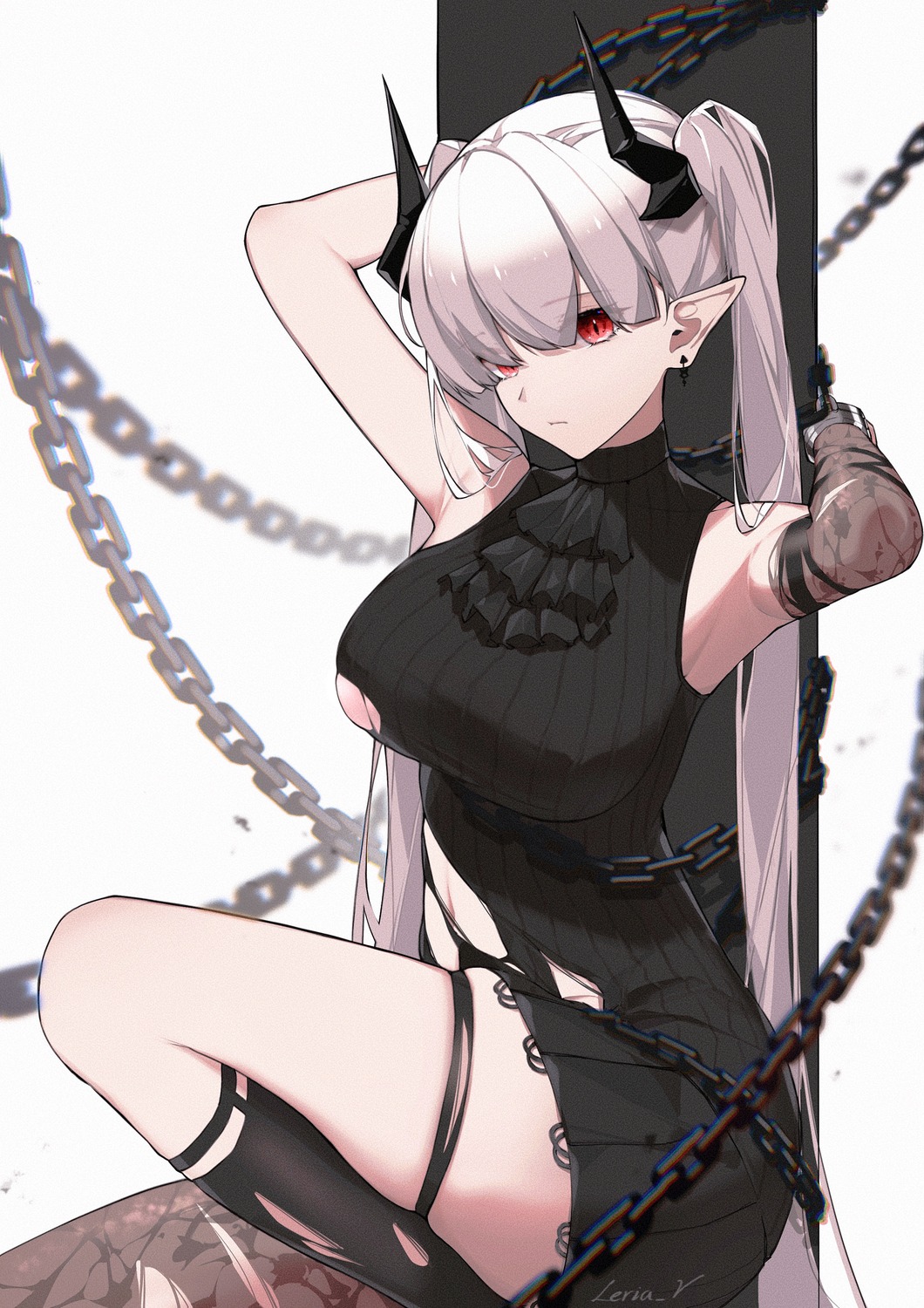 arknights bondage horns leria_v no_bra pointy_ears skirt_lift sweater tail torn_clothes