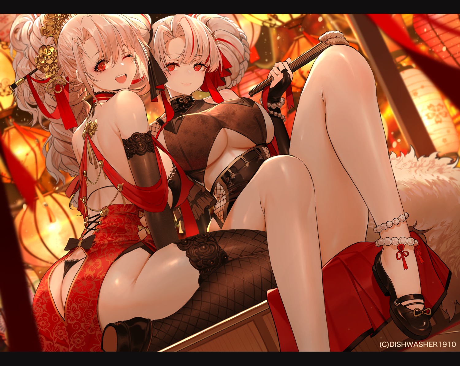 asian_clothes ass azur_lane dishwasher1910 fishnets heels no_bra pantsu prinz_adalbert_(azur_lane) prinz_heinrich_(azur_lane) thighhighs thong