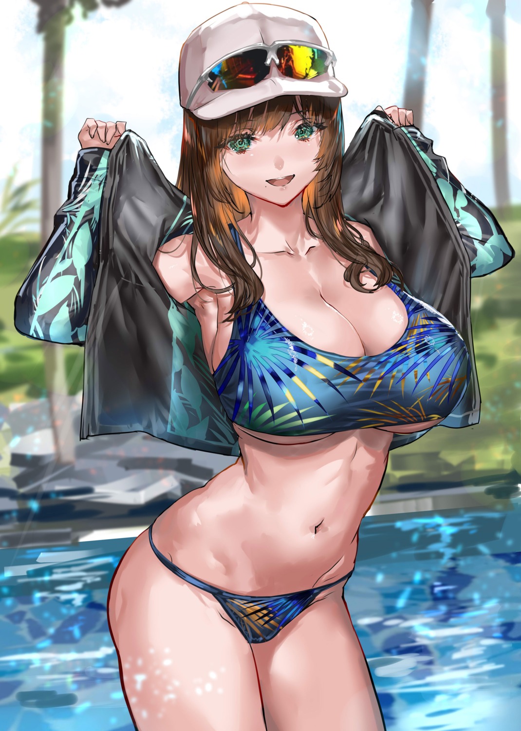 megane open_shirt ranou swimsuits underboob undressing wet