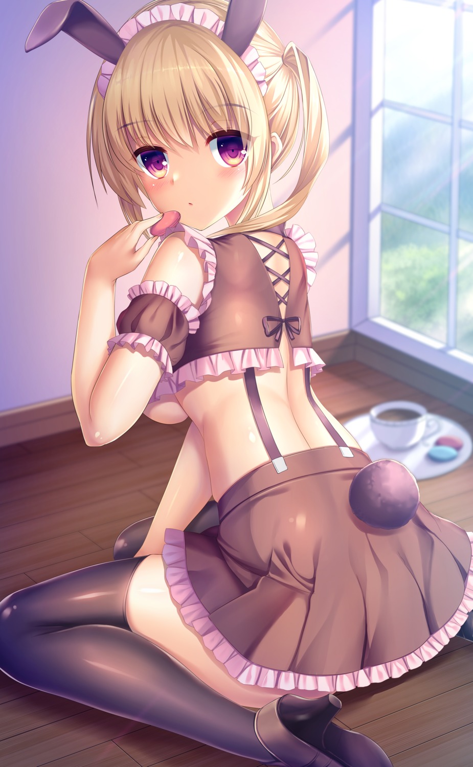 animal_ears bunny_ears heels no_bra skirt_lift tail thighhighs umitonakai underboob