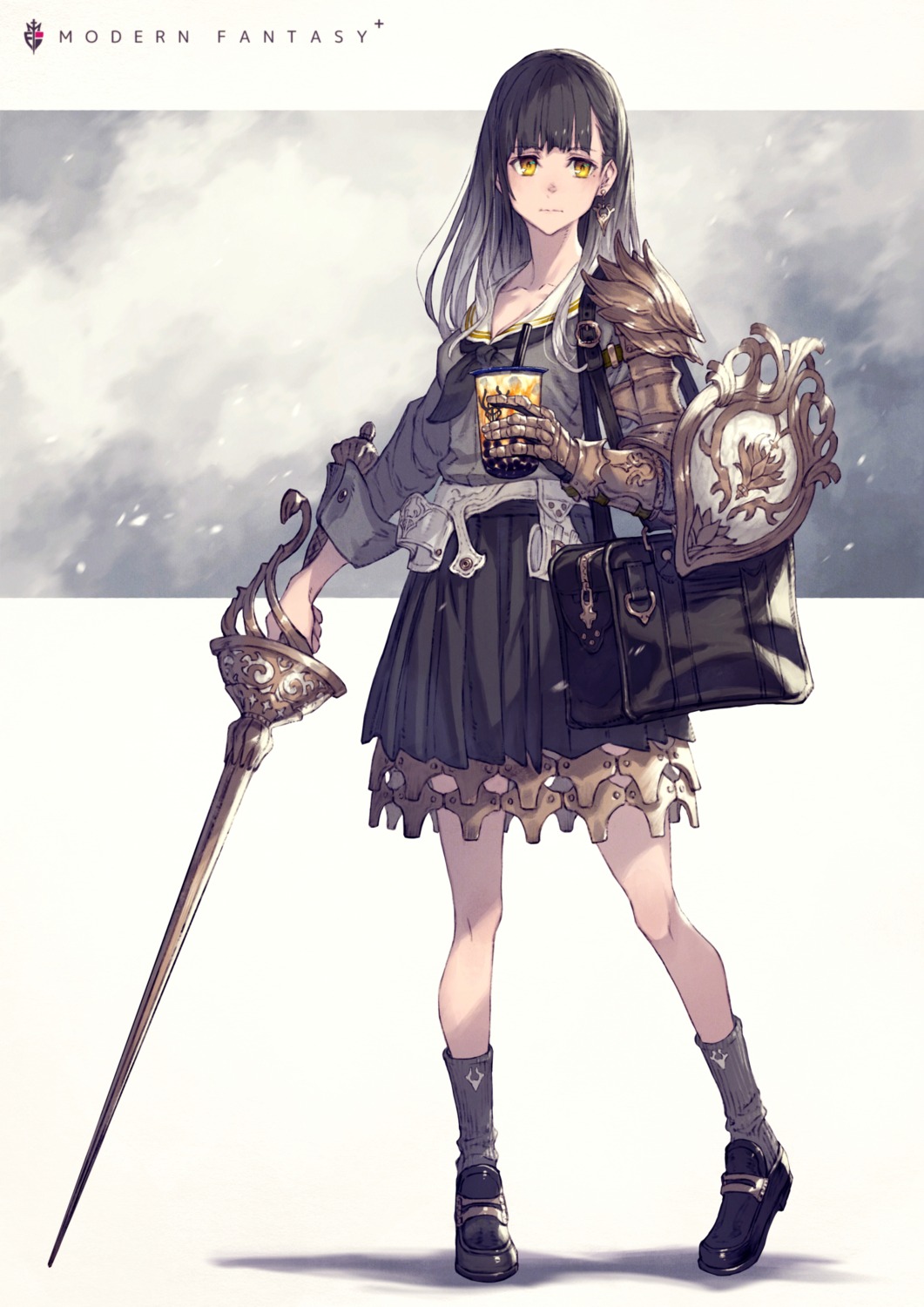 armor cleavage kusano_shinta seifuku sword