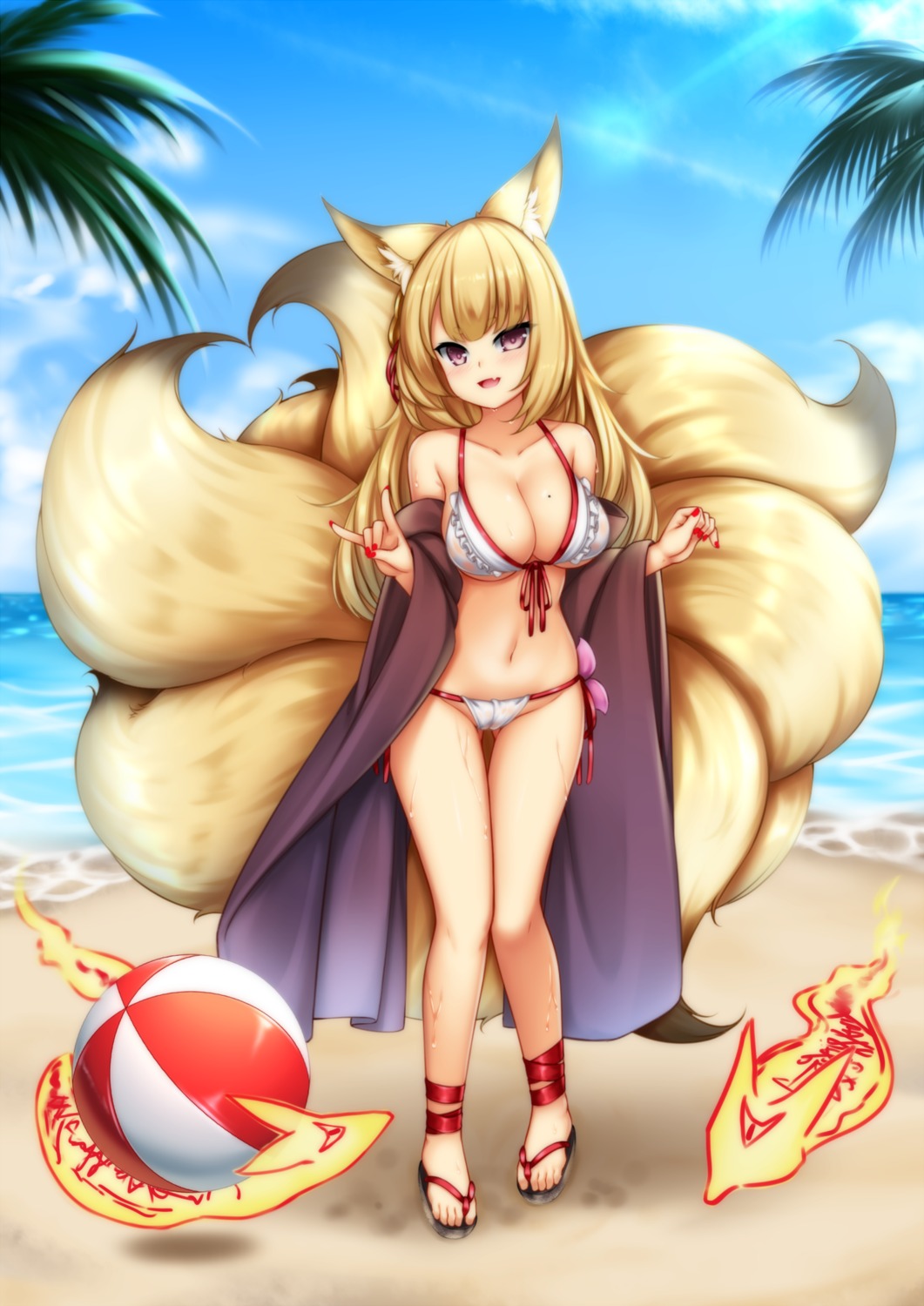 animal_ears bikini cameltoe cleavage kitsune open_shirt playjoe2005 sennen_sensou_aigis swimsuits tail wet_clothes