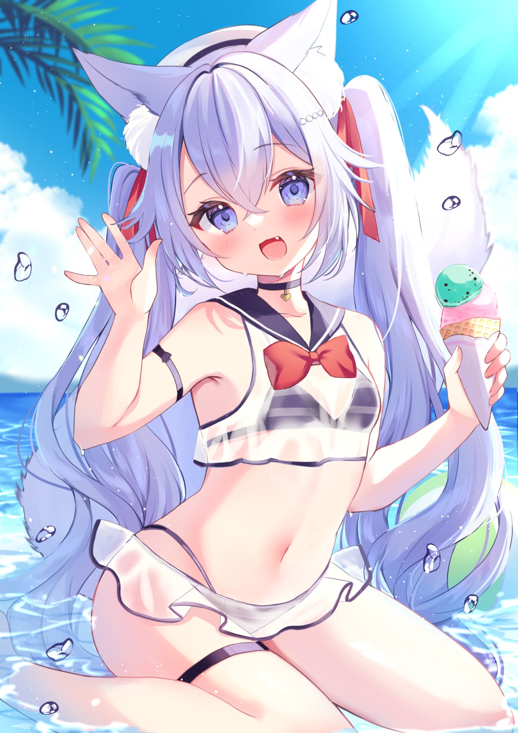 animal_ears bikini garter hamico loli see_through seifuku swimsuits tail wet wet_clothes