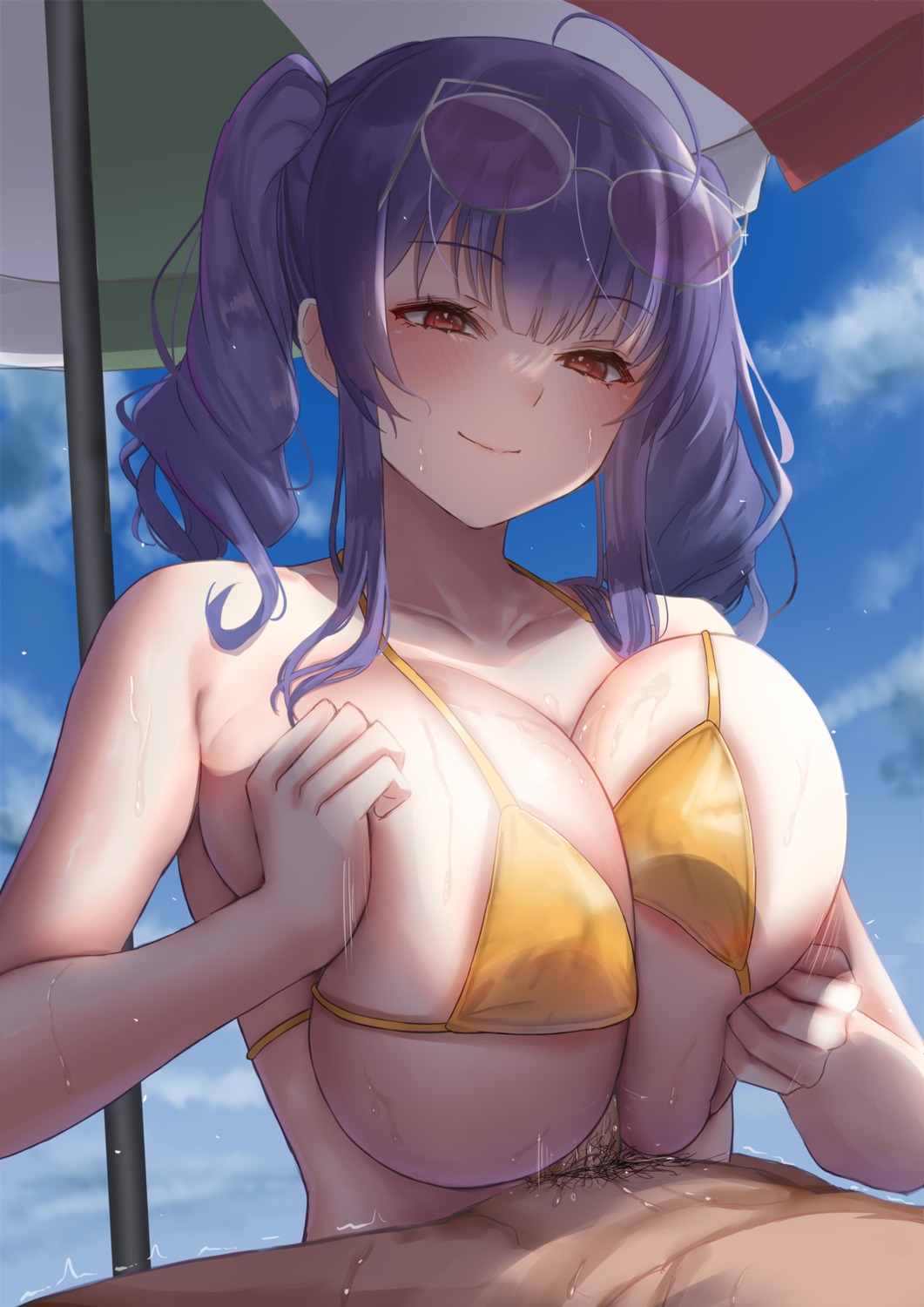 azur_lane bikini_top breast_hold erect_nipples megane paizuri penis pola_(azur_lane) satou_aji swimsuits