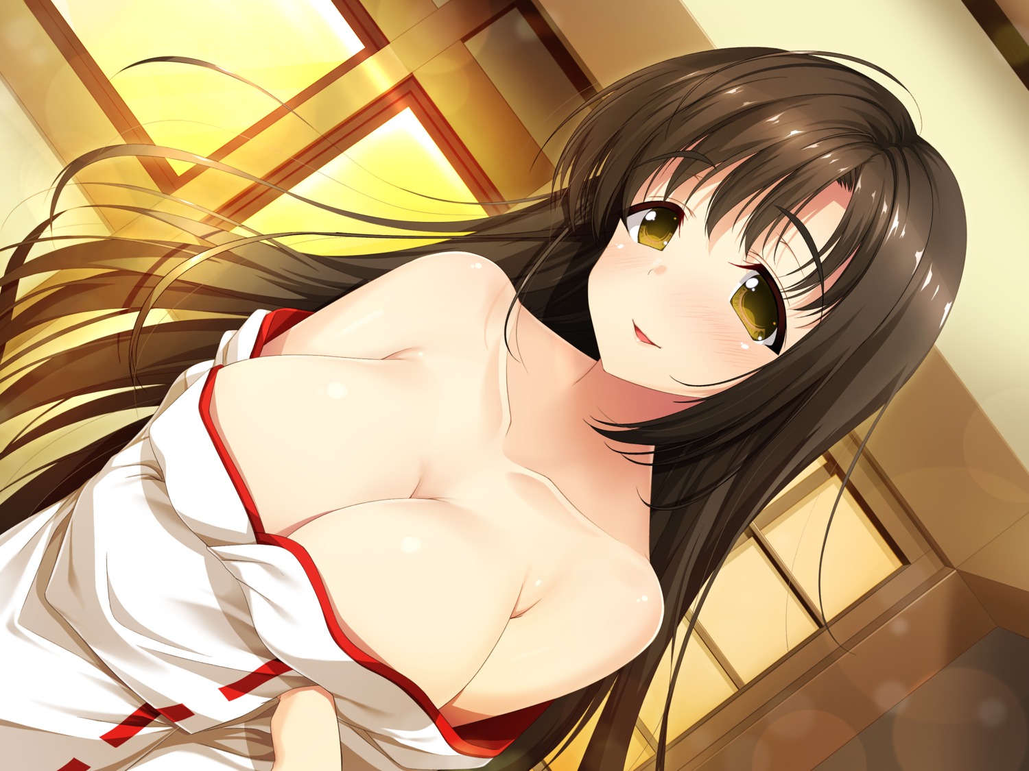 breast_hold cleavage japanese_clothes no_bra open_shirt yu-ta