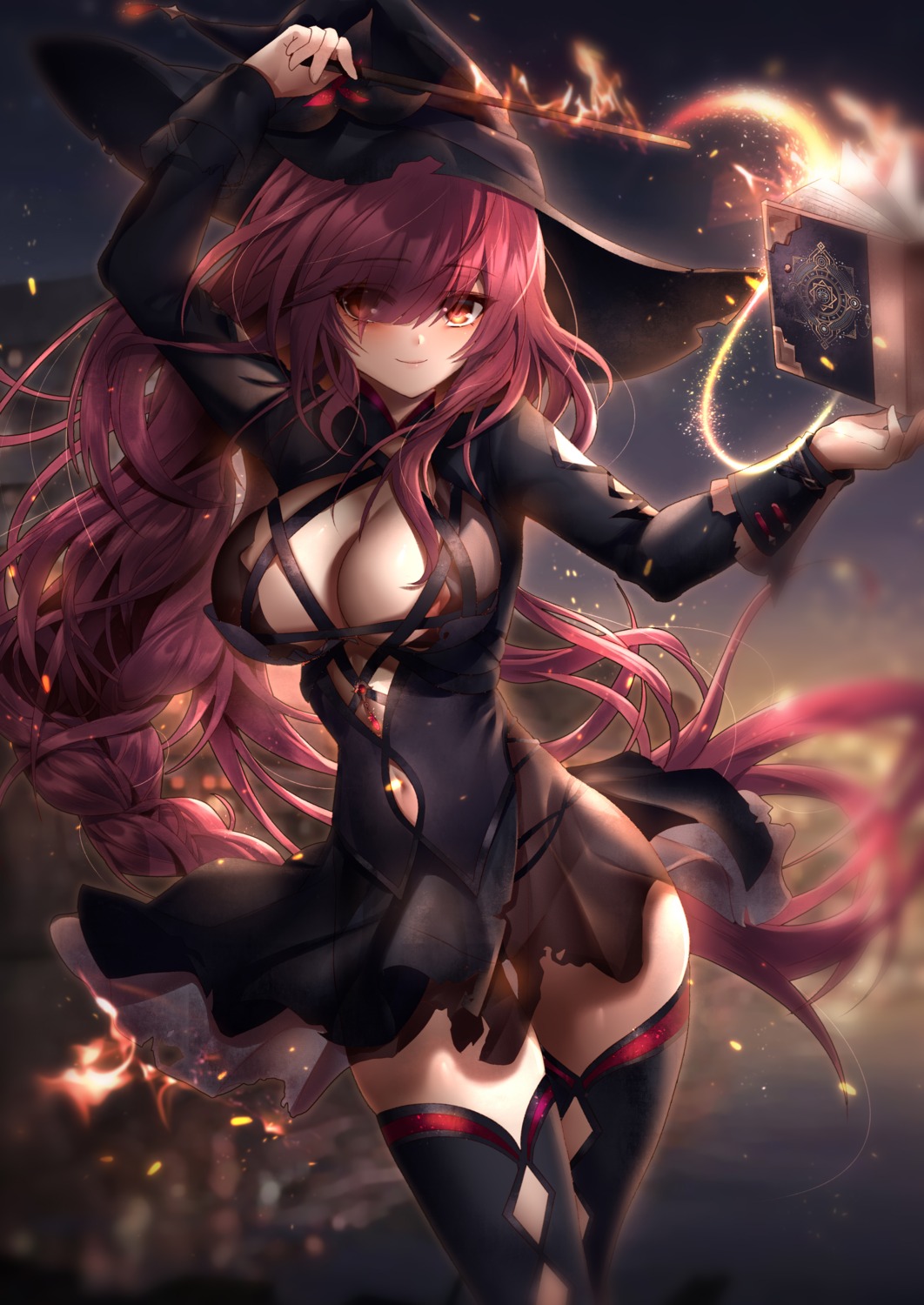 areola been elesis elsword no_bra skirt_lift thighhighs torn_clothes witch