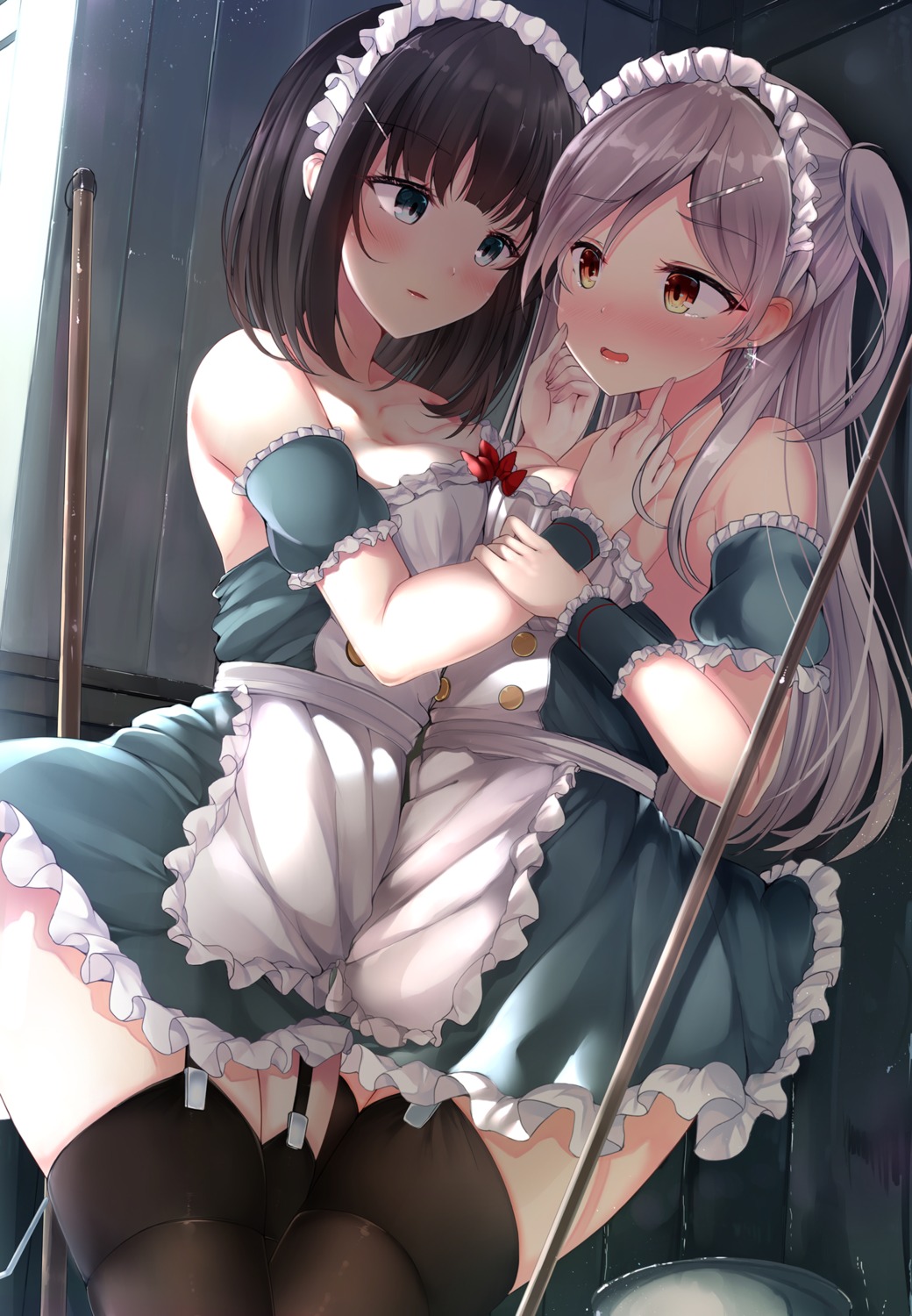 cleavage hiiragi_ringo maid stockings symmetrical_docking thighhighs yuri