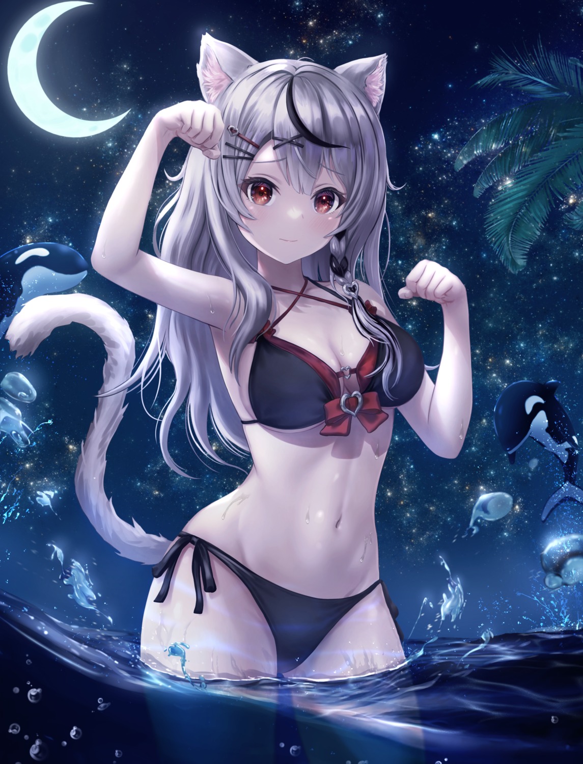 animal_ears bikini cleavage hololive nekomimi sakamata_chloe swimsuits tail wajuniorbox wet