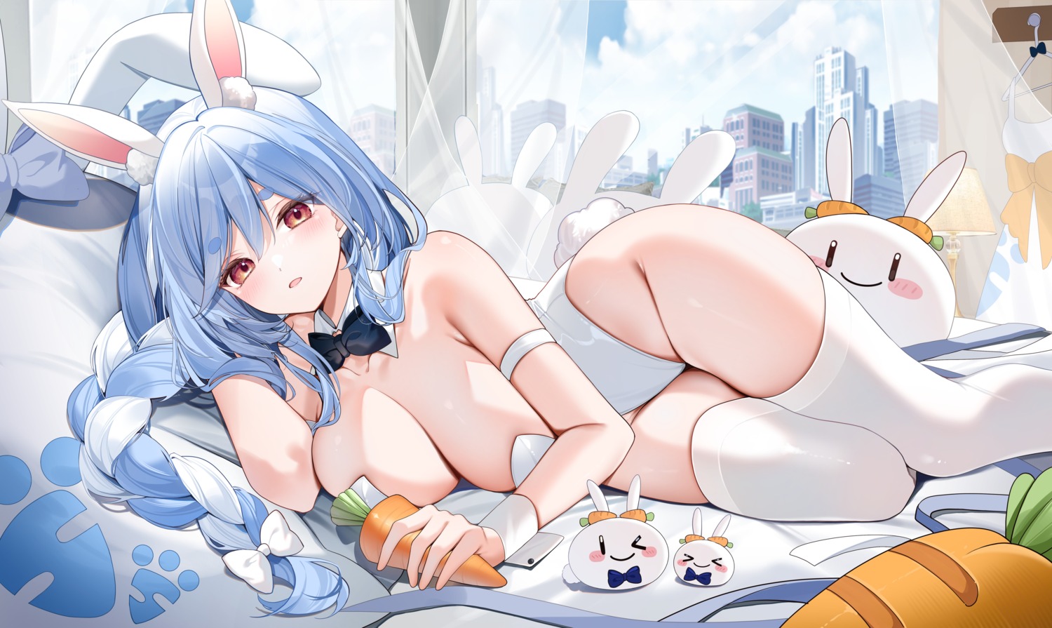 animal_ears bunny_ears bunny_girl hololive no_bra pekomama tail thighhighs yukineko1018