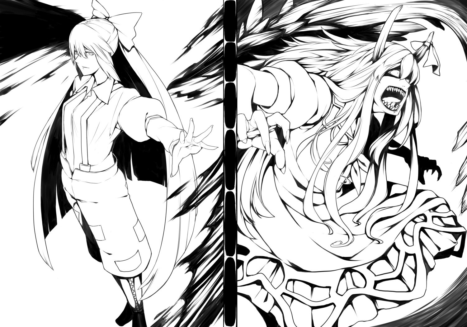 fujiwara_no_mokou horns kamishirasawa_keine monochrome regura touhou