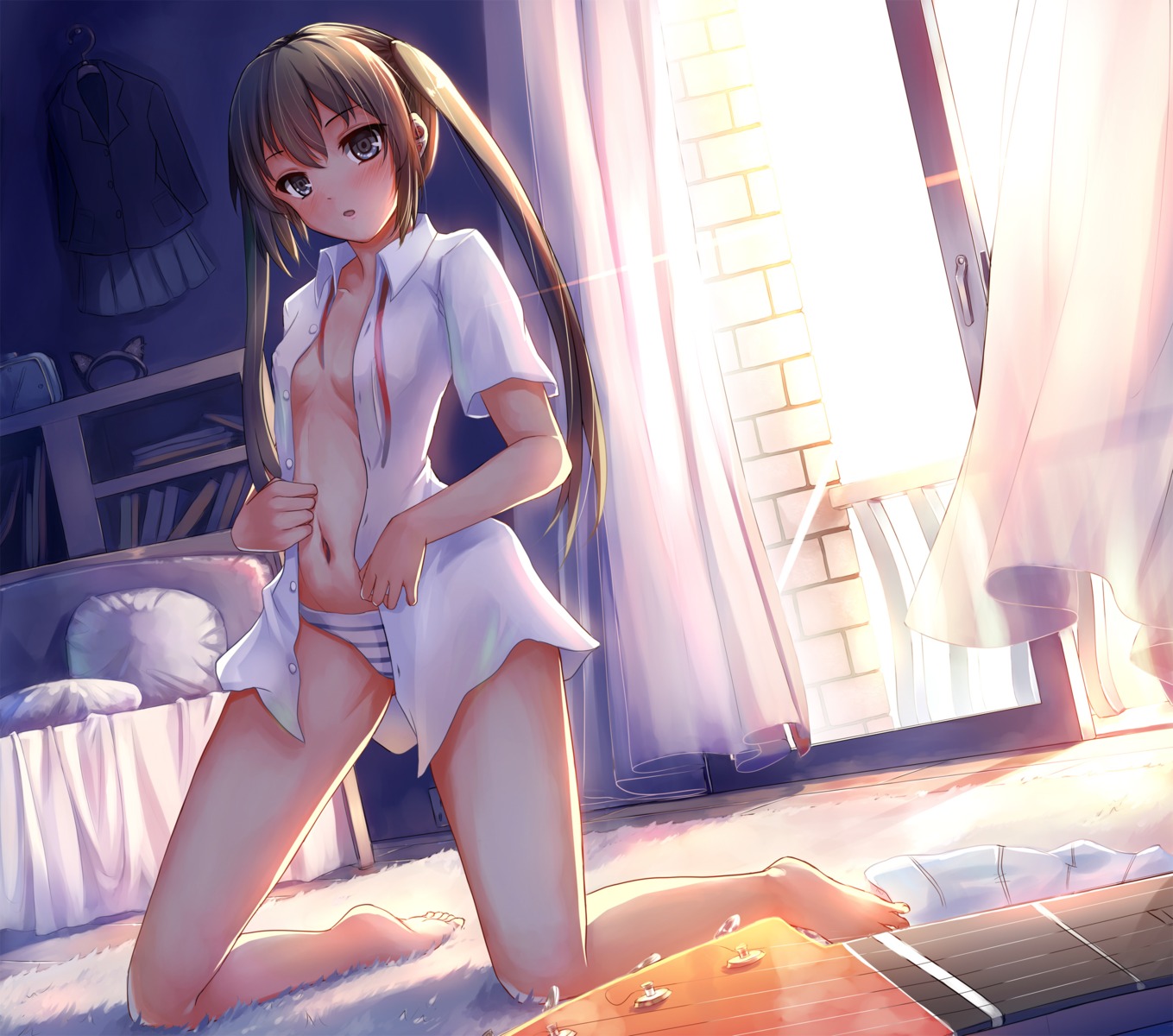 cleavage erect_nipples feet k-on! musyne_xsk nakano_azusa no_bra open_shirt pantsu seifuku shimapan undressing