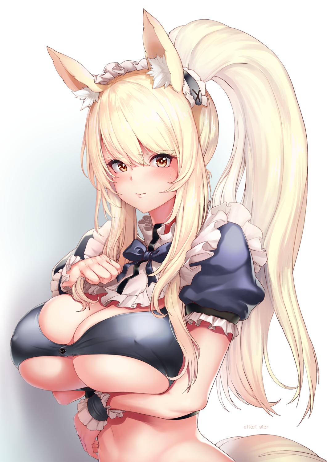 animal_ears arknights bra breast_hold effort_star erect_nipples maid nearl_(arknights) tail