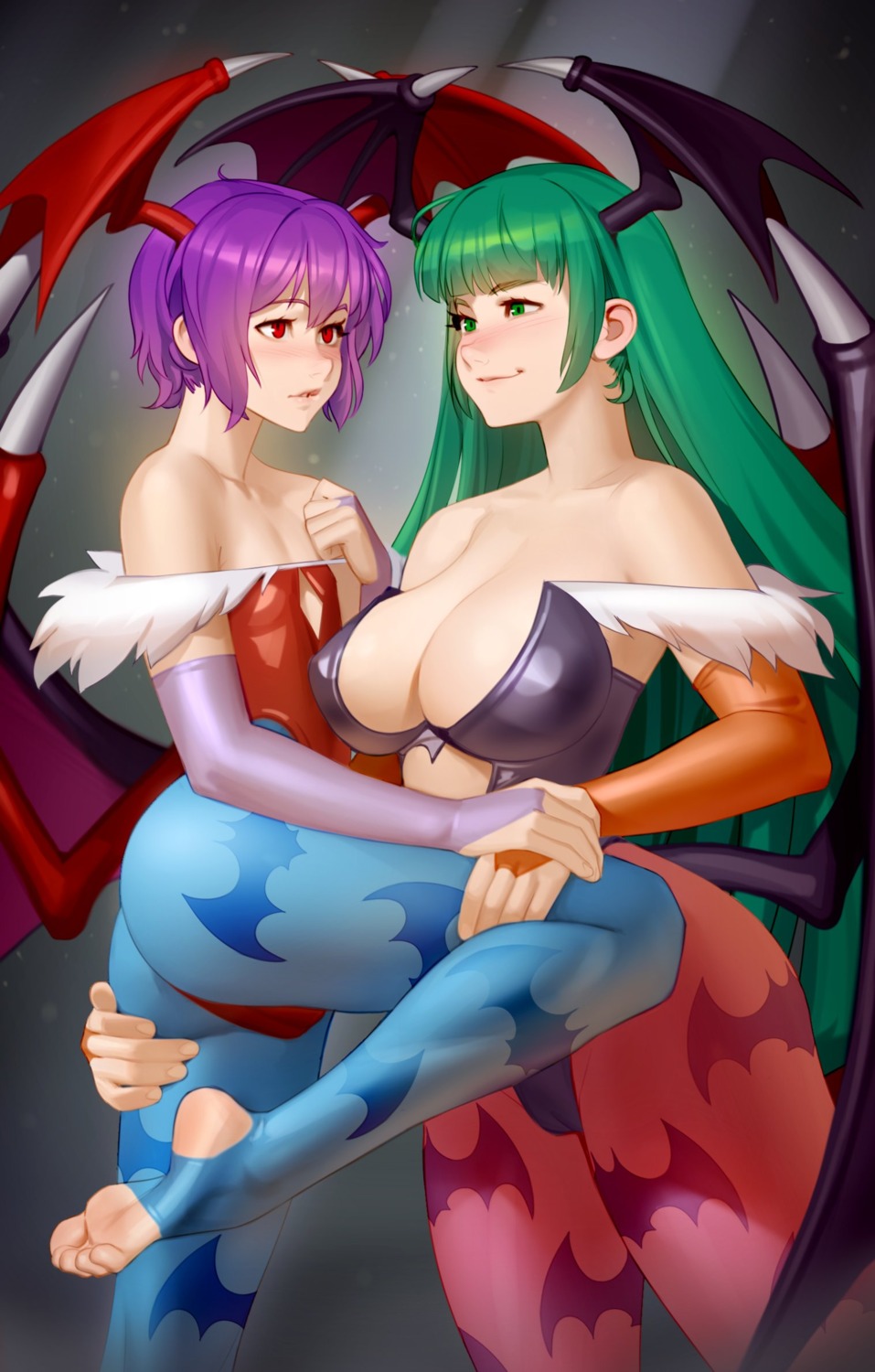 ass cameltoe dark_stalkers erect_nipples feet kairunoburogu leotard lilith_aensland morrigan_aensland pantyhose wings yuri