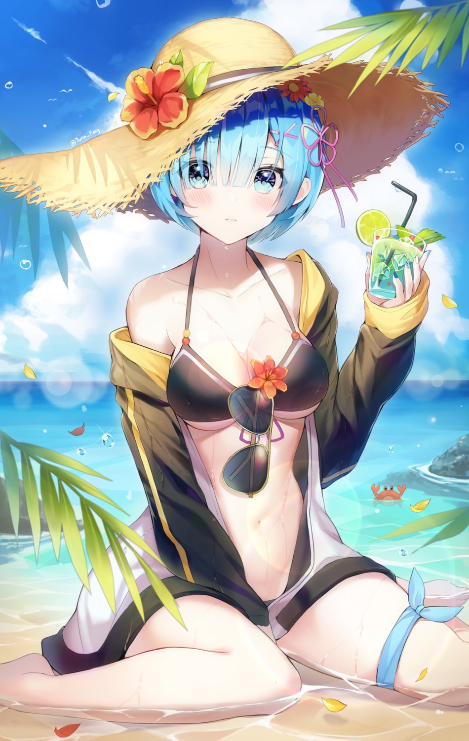 bikini cleavage gym_uniform megane open_shirt re_zero_kara_hajimeru_isekai_seikatsu rem_(re_zero) swimsuits underboob wet yuna_(deadawon)