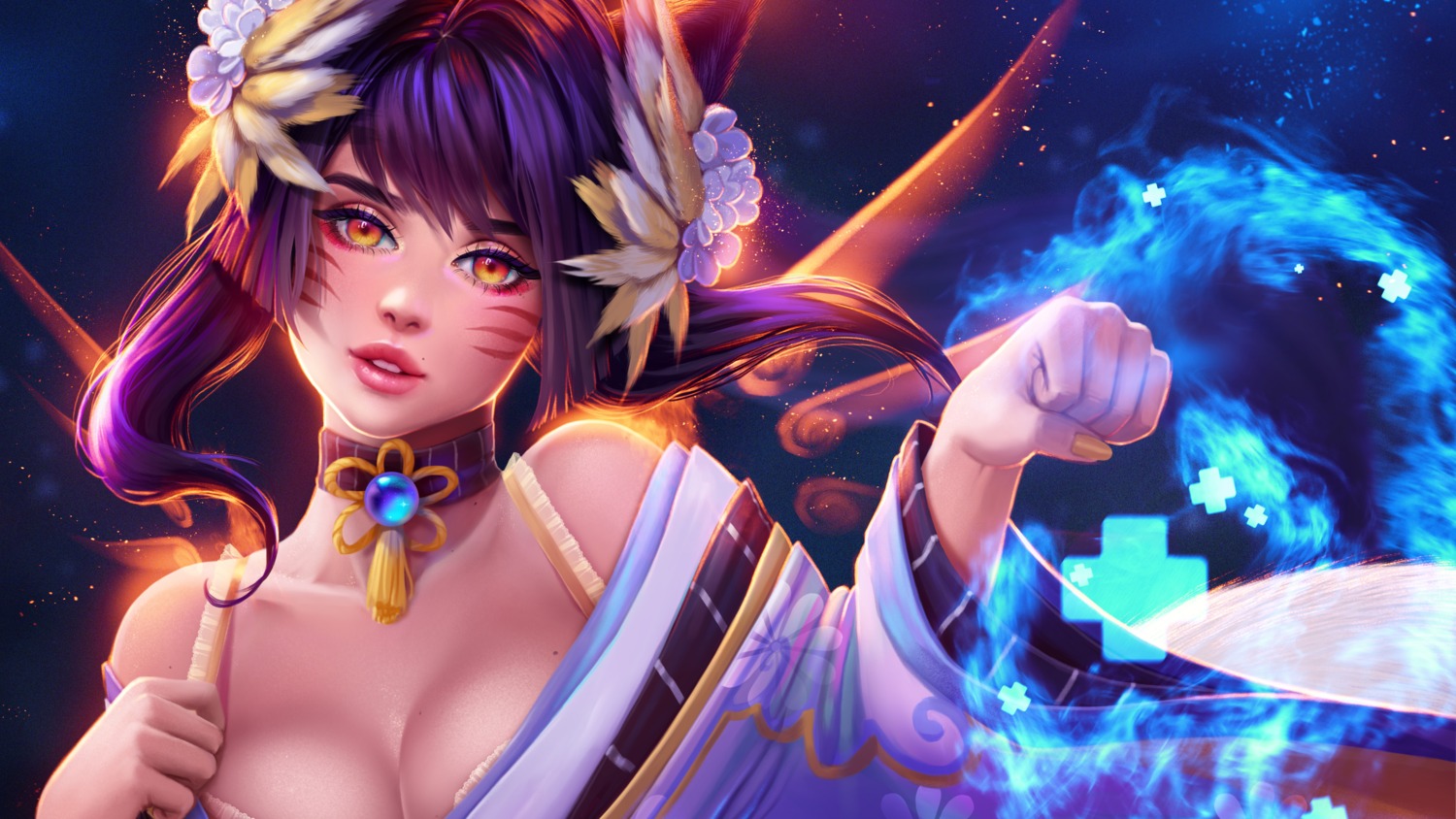 ahri animal_ears bra cleavage japanese_clothes kitsune league_of_legends open_shirt prywinko tail