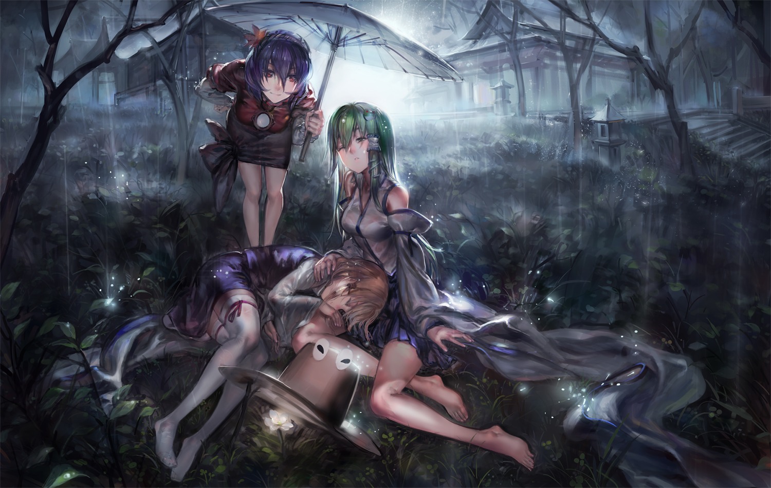 garter kishiyo kochiya_sanae moriya_suwako thighhighs touhou wet_clothes yasaka_kanako