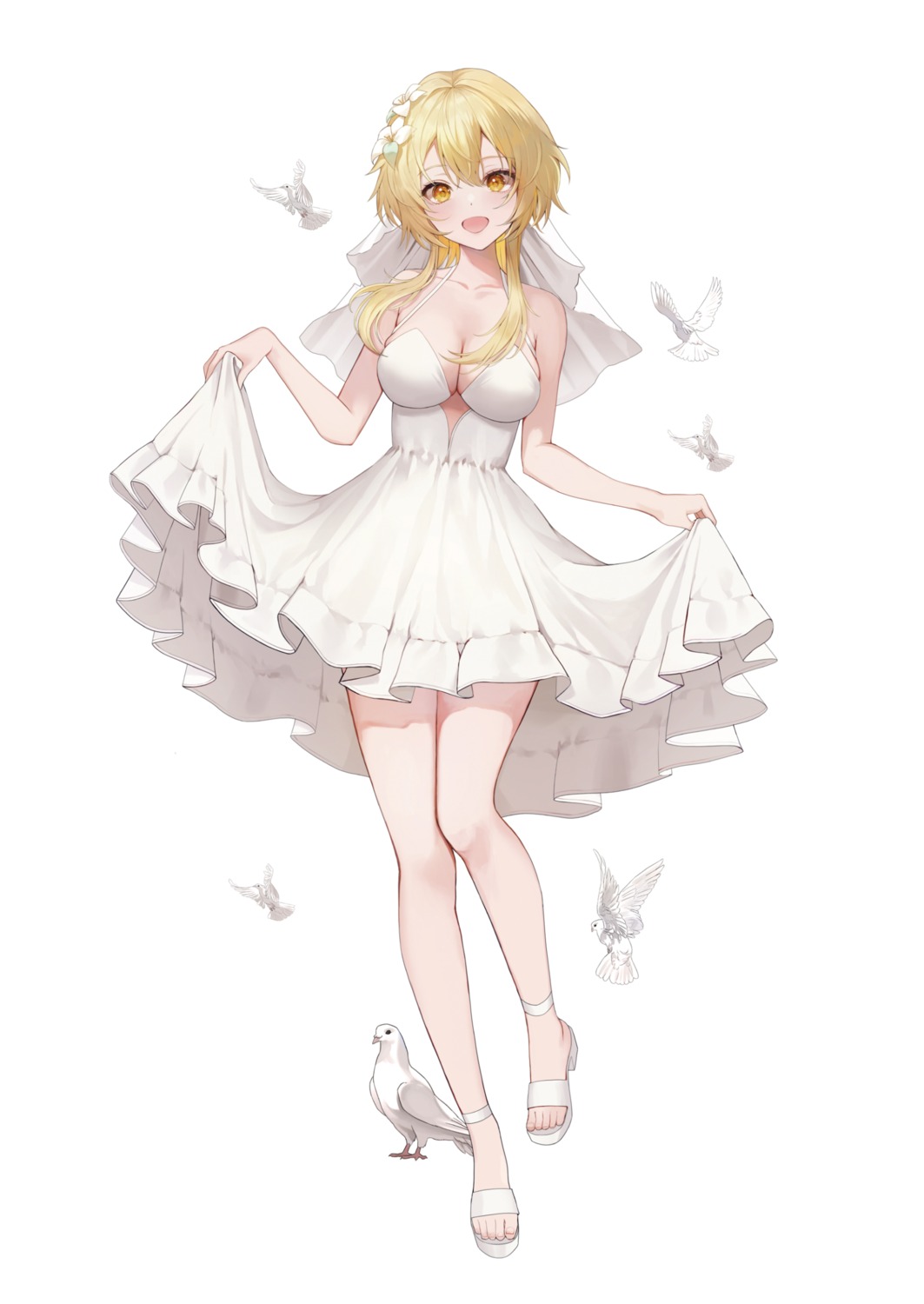 dress genshin_impact heels lumine no_bra skirt_lift wedding_dress yuna_(deadawon)