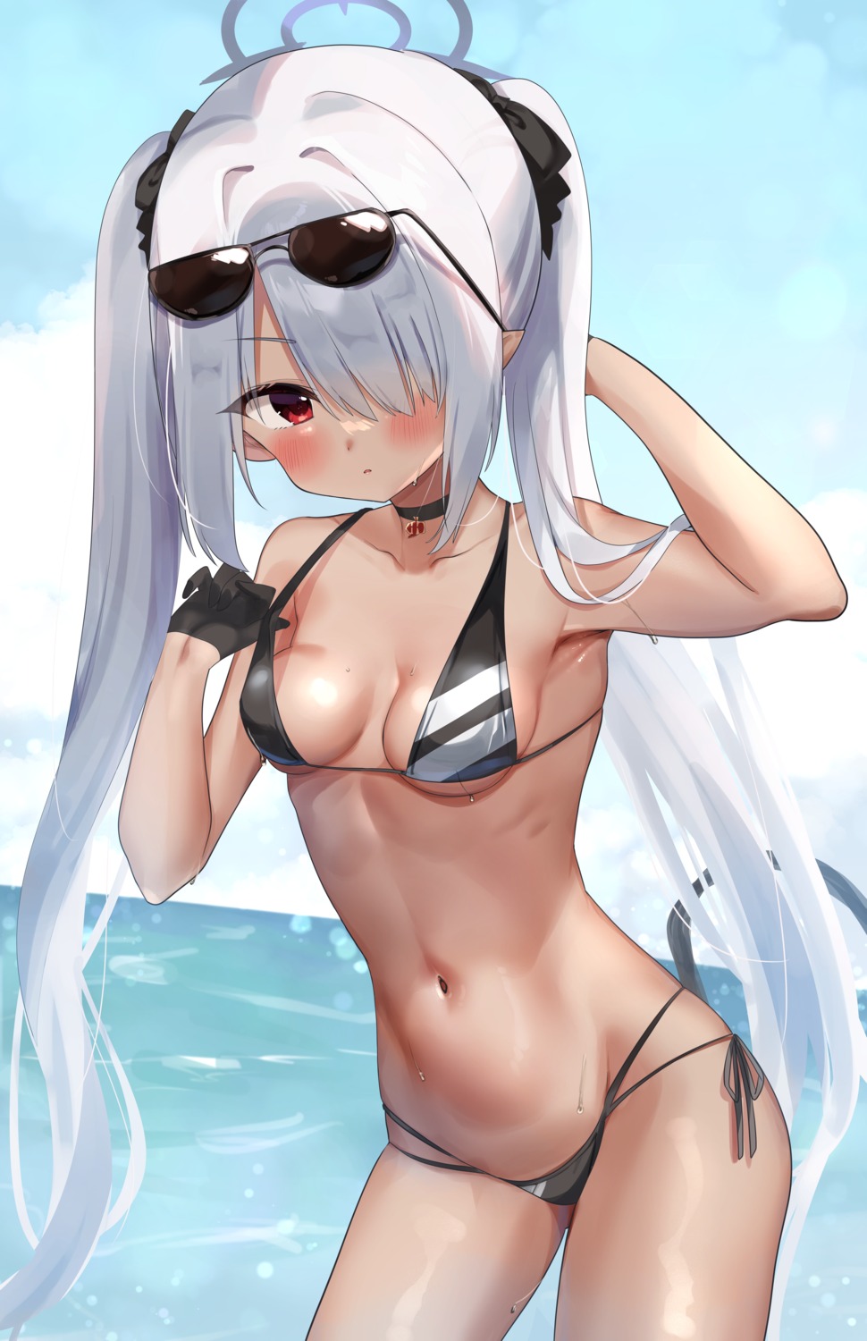 bikini blue_archive halo megane pointy_ears shiromi_iori swimsuits tail tsukumo_(pixiv32592569)