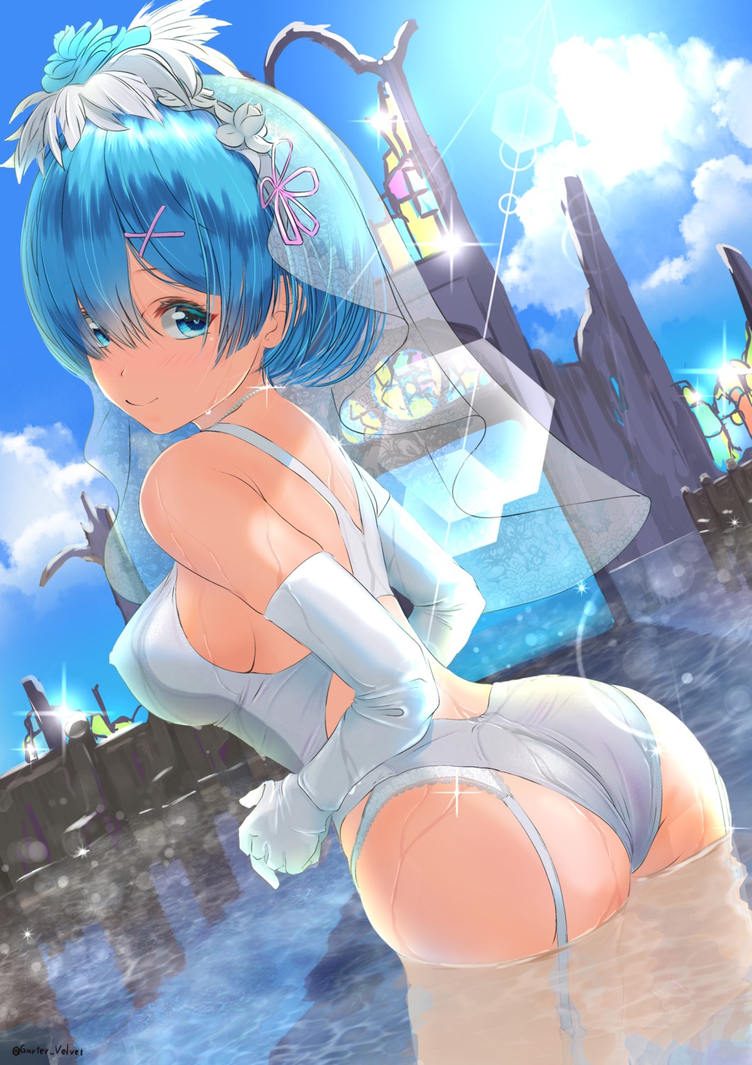 ass erect_nipples garter-velvet garter_belt re_zero_kara_hajimeru_isekai_seikatsu rem_(re_zero) see_through stockings swimsuits thighhighs wet