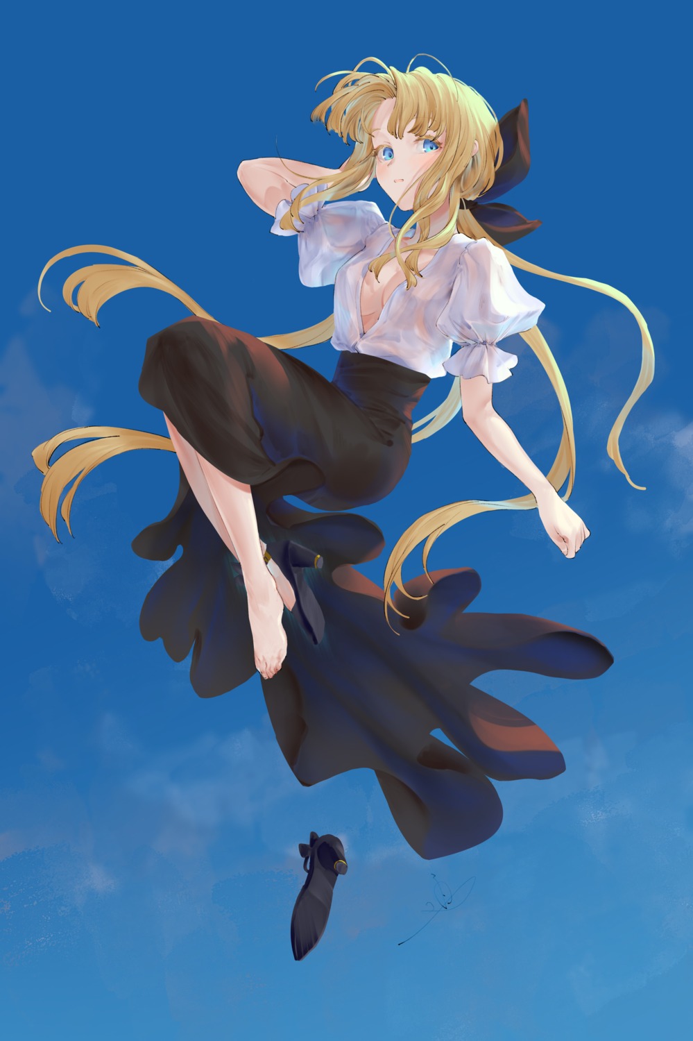 heels io_(io_oekaki) no_bra open_shirt see_through skirt_lift