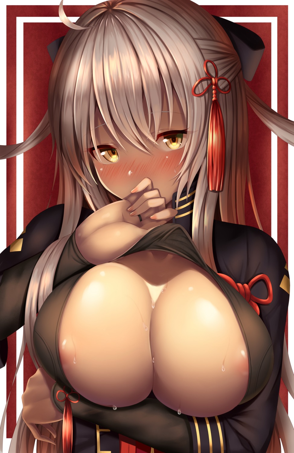 areola breast_hold fate/grand_order no_bra okita_souji_(alter)_(fate) open_shirt zukky