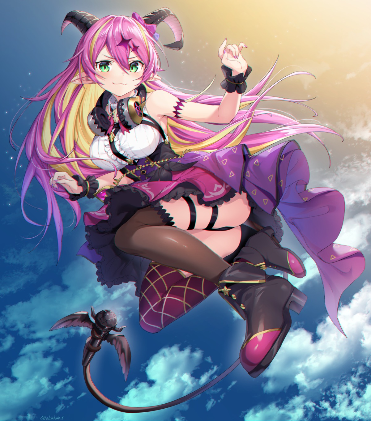 akamoku garter headphones heels hololive horns mano_aloe pantsu pointy_ears skirt_lift tail thighhighs thong