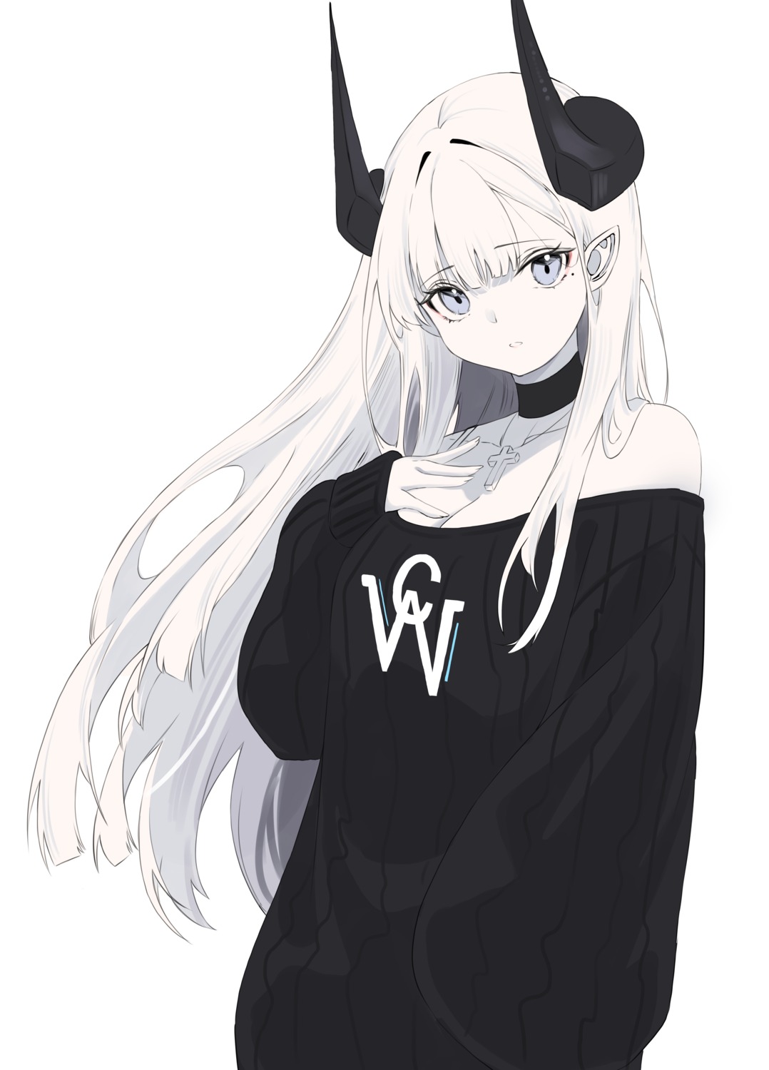 cake_walker cleavage dress horns pointy_ears sweater