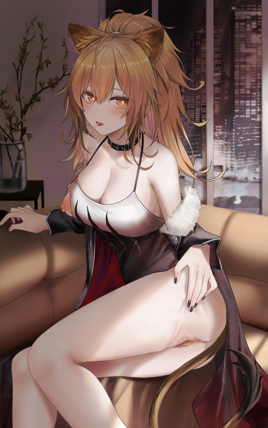 animal_ears arknights ass dress nipples no_bra nopan pussy ru_zhai siege_(arknights) skirt_lift tail torn_clothes uncensored