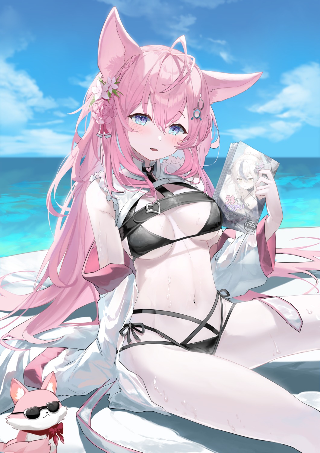 animal_ears bikini hakui_koyori hololive kabedoru la+_darknesss swimsuits wet