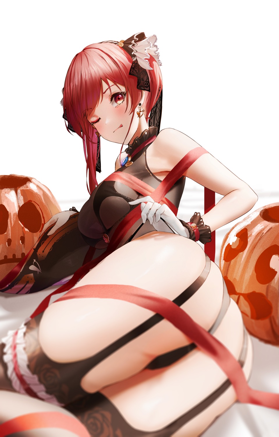 ass bra garter halloween hololive houshou_marine pantsu panty_pull see_through stockings thighhighs undressing wanne