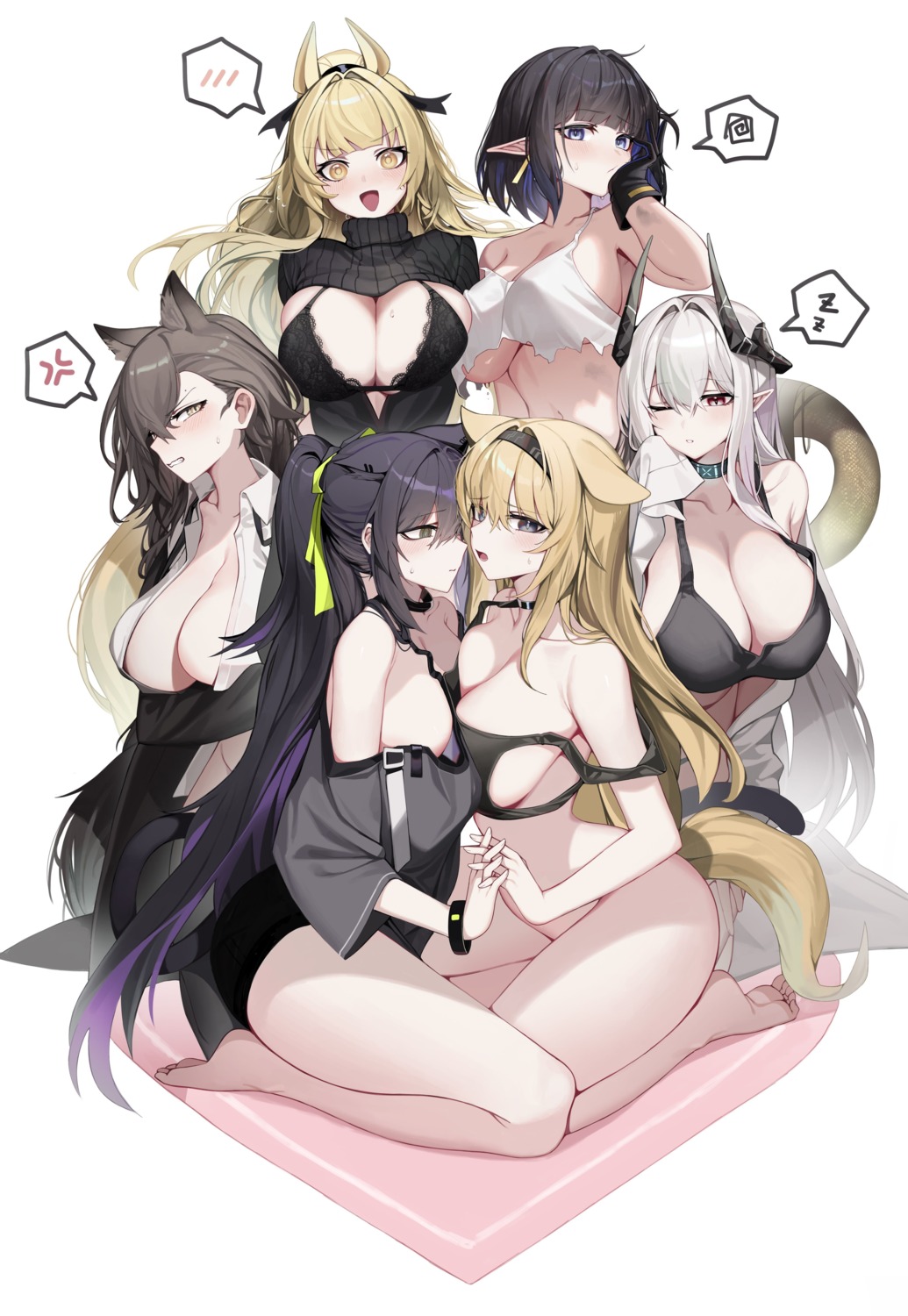 animal_ears arknights blemishine_(arknights) bottomless bra dress_shirt erect_nipples eunectes_(arknights) horn_(arknights) jessica_(arknights) lingerie mudrock_(arknights) ness_(pjw0168) no_bra open_shirt penance_(arknights) pointy_ears see_through sweater symmetrical_docking tail torn_clothes yuri