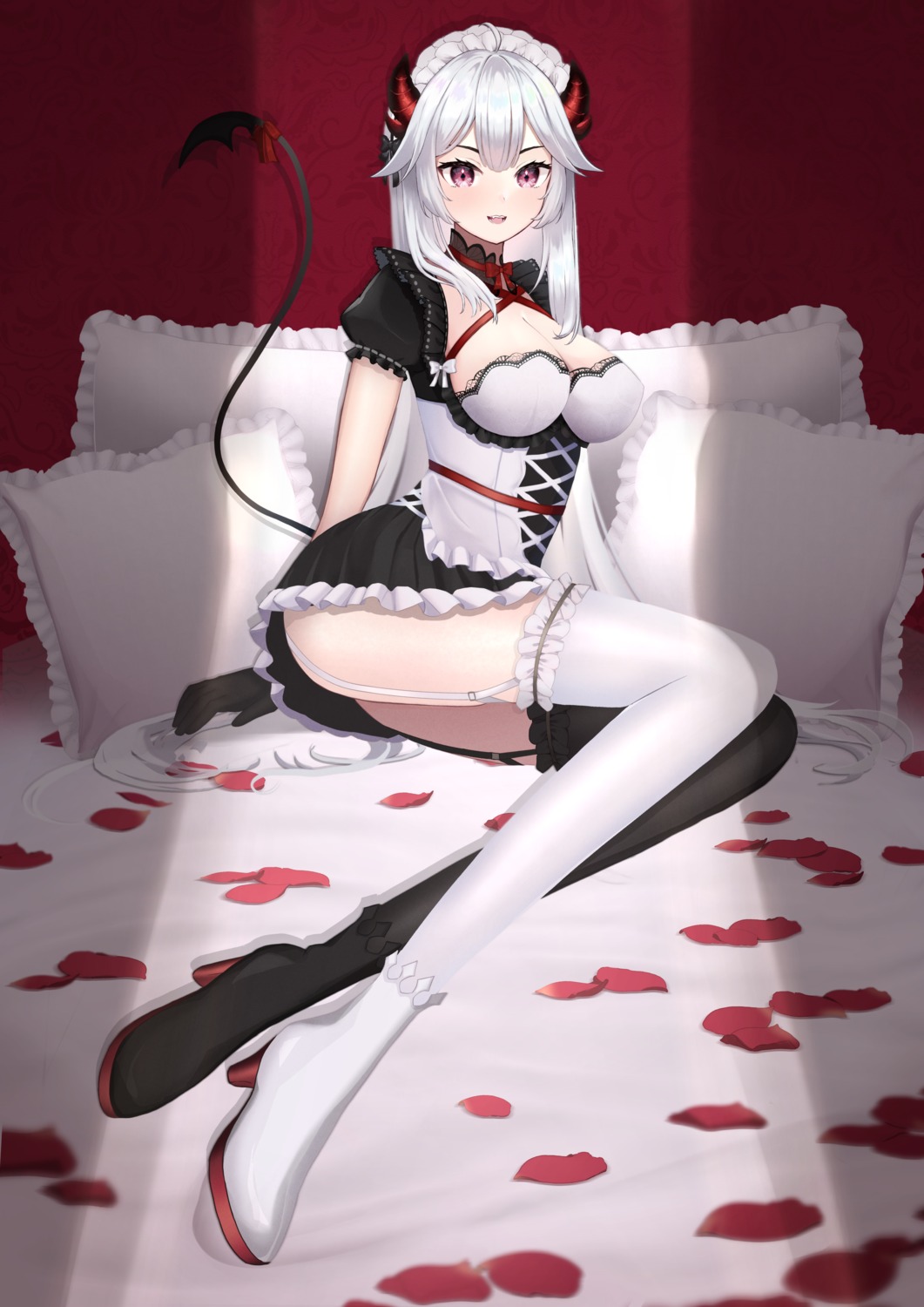 cleavage heels horns maid skirt_lift stockings tail thighhighs tomashiki veibae vshojo