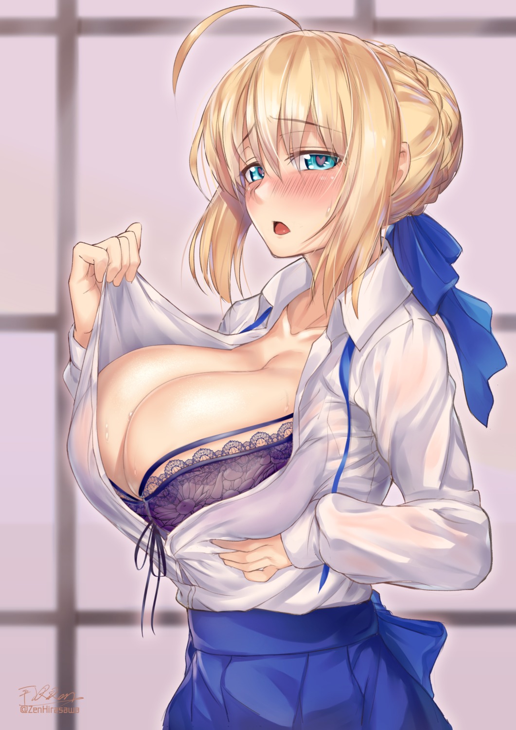 artoria_pendragon_(lancer) bra breast_hold cleavage fate/grand_order hirasawa_seiji open_shirt saber see_through wet