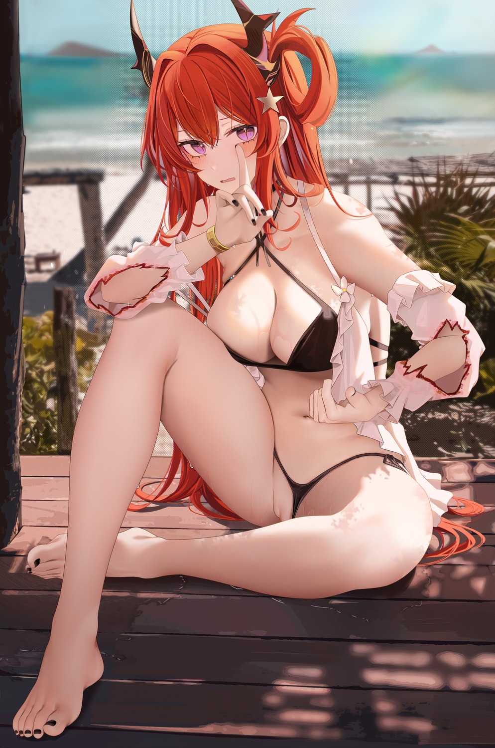 arknights bikini horns pussy ru_zhai surtr_(arknights) swimsuits thong uncensored undressing