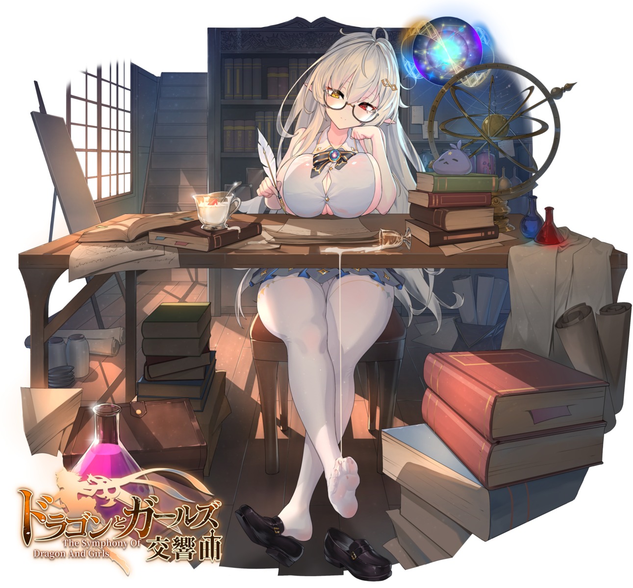 cream feet heterochromia megane no_bra pantsu pantyhose pointy_ears see_through skirt_lift suerte the_symphony_of_dragon_and_girls