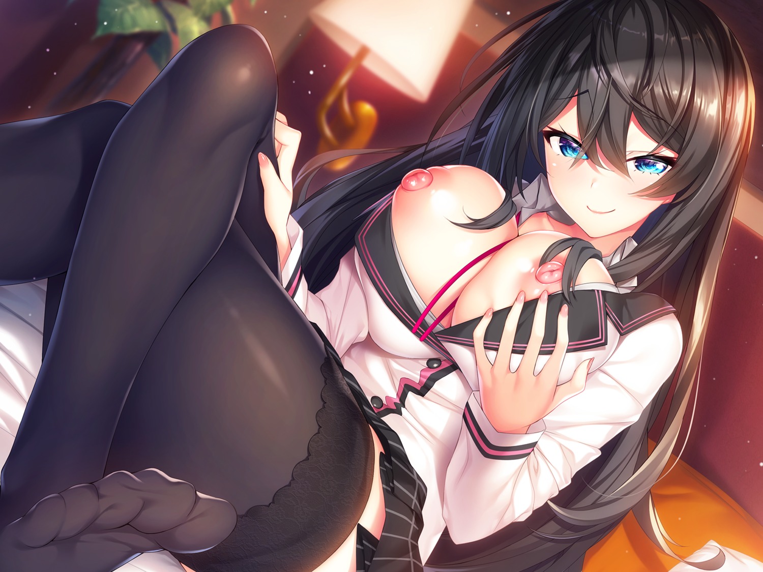 itsui nipples no_bra open_shirt seifuku skirt_lift thighhighs