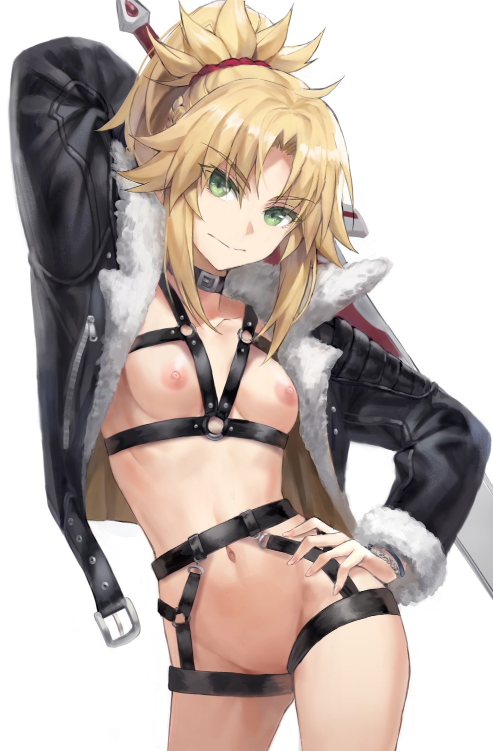 breasts fate/apocrypha fate/grand_order fate/stay_night garter mordred_(fate) nipples no_bra nopan open_shirt sword tonee