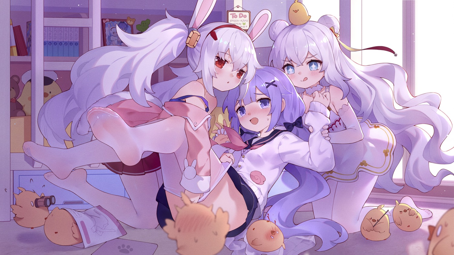 animal_ears azur_lane blood bunny_ears dress feet laffey_(azur_lane) le_malin_(azur_lane) loli manjuu_(azur_lane) nopan pantyhose seifuku skirt_lift sweater tsubasa_tsubasa undressing unicorn_(azur_lane) yuri