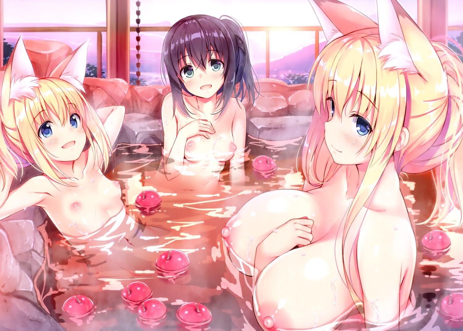 animal_ears bathing detexted kitsune_no_yomeiri naked nipples nozomi_tsubame onsen wet