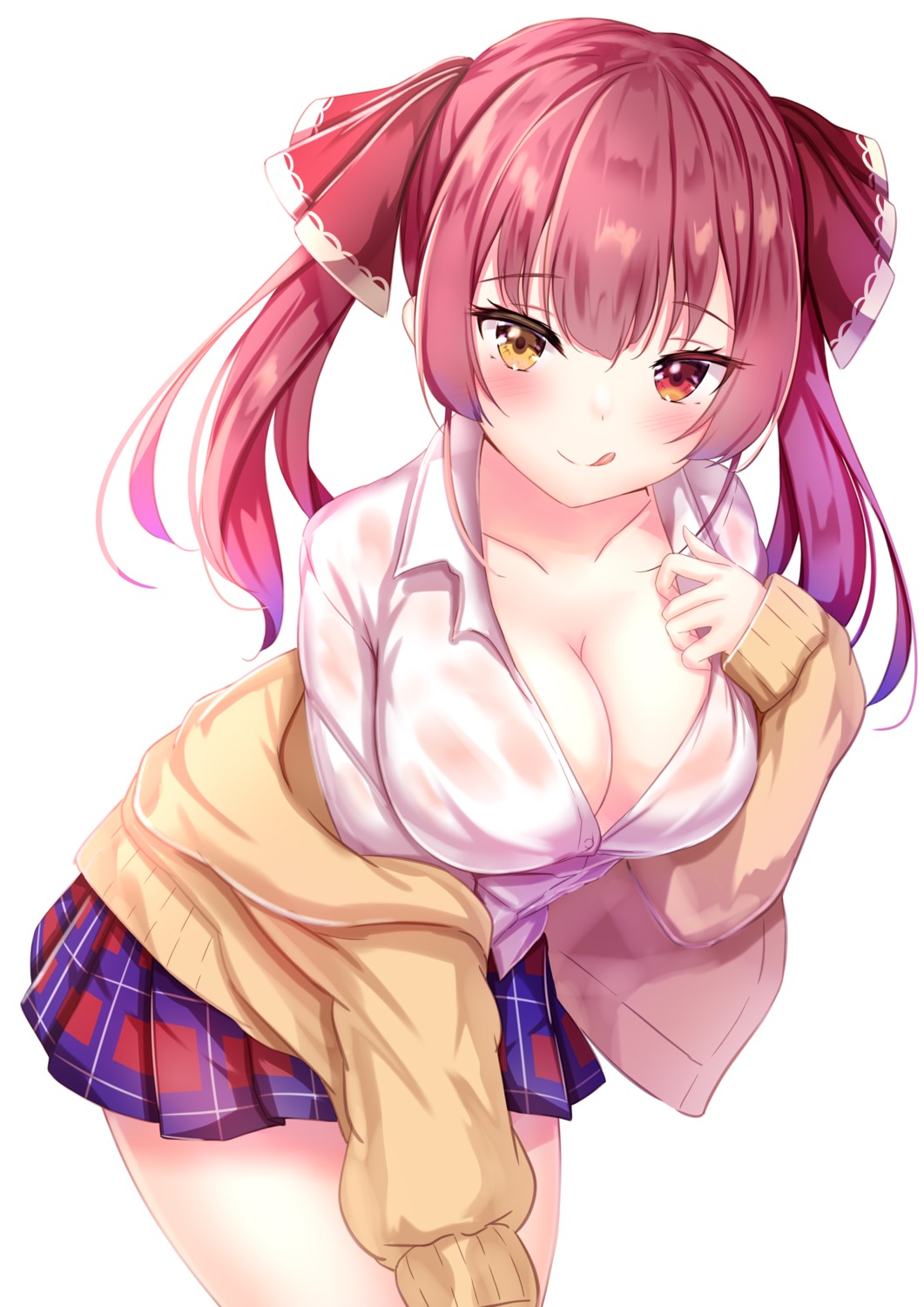 heterochromia hololive houshou_marine no_bra open_shirt see_through seifuku sweater undressing wet_clothes yuano