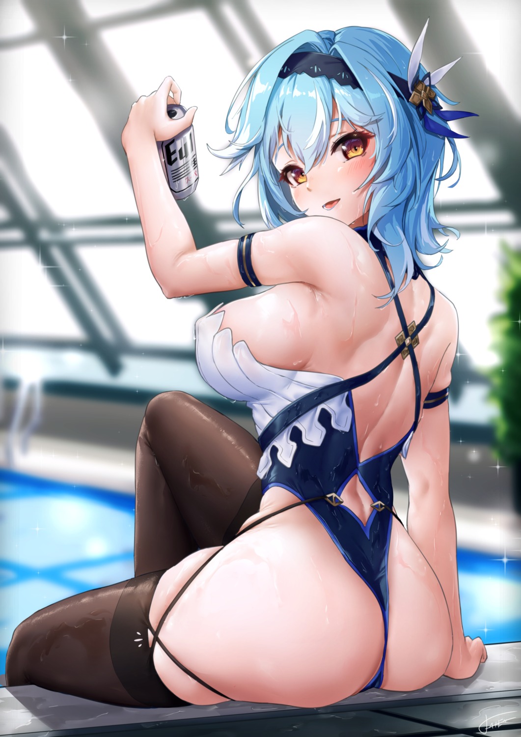 ass erect_nipples eula genshin_impact see_through stockings swimsuits thighhighs wet wet_clothes xfate