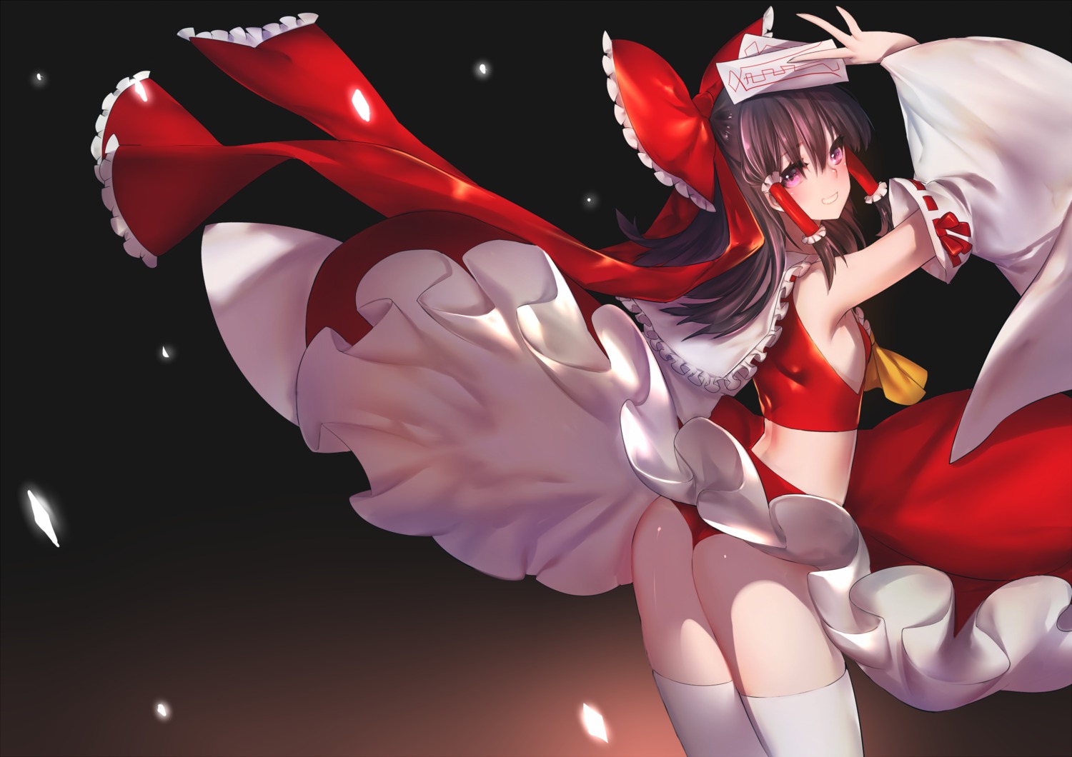 ass hakurei_reimu pantsu rahato skirt_lift thighhighs thong touhou