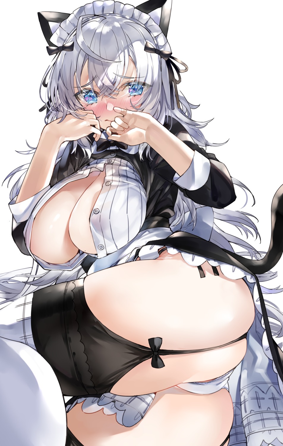 animal_ears ass kou_mashiro maid nekomimi no_bra open_shirt pantsu skirt_lift stockings tail thighhighs