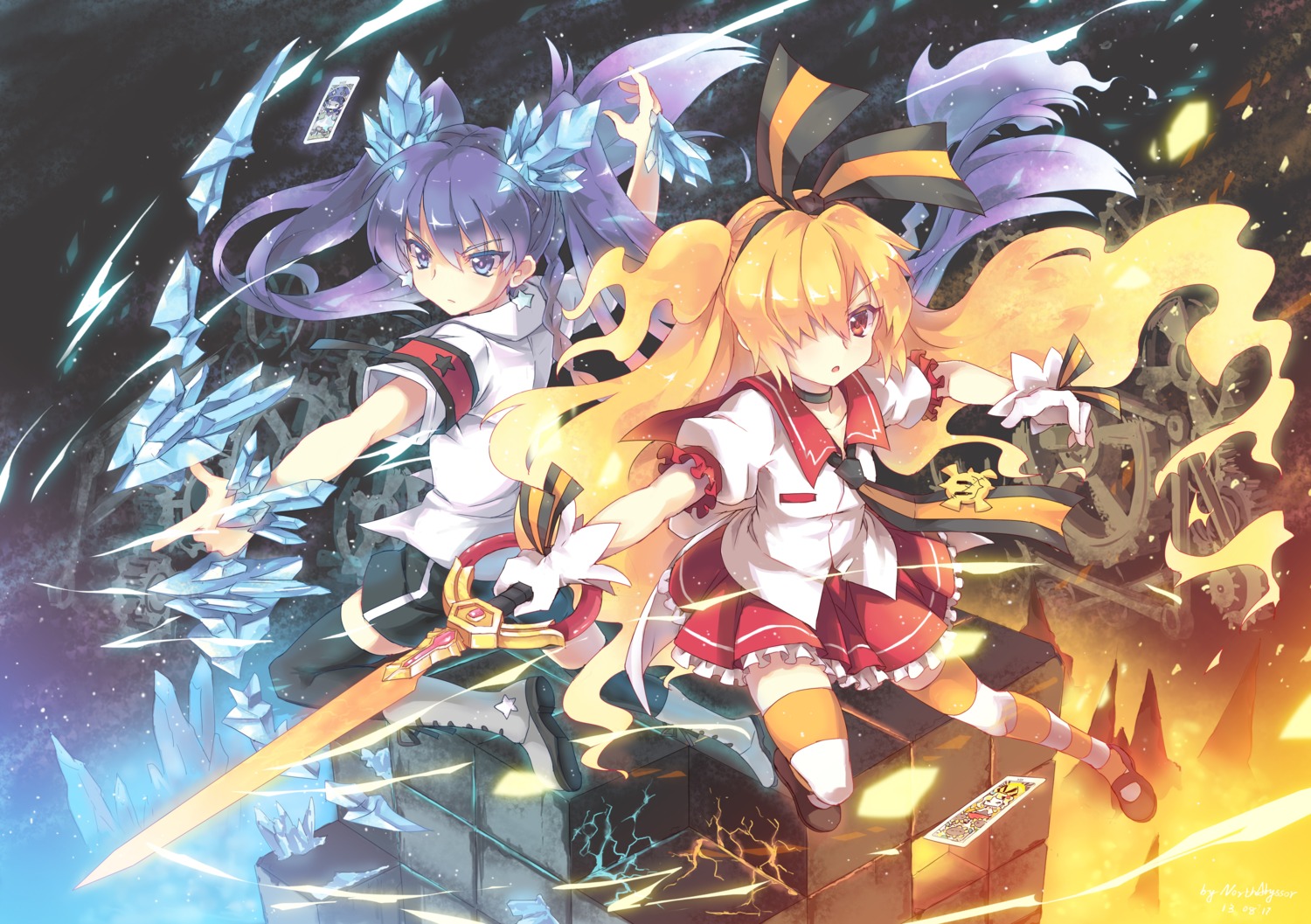 abyss_of_parliament genei_wo_kakeru_taiyou hoshikawa_seira seifuku sword taiyou_akari thighhighs